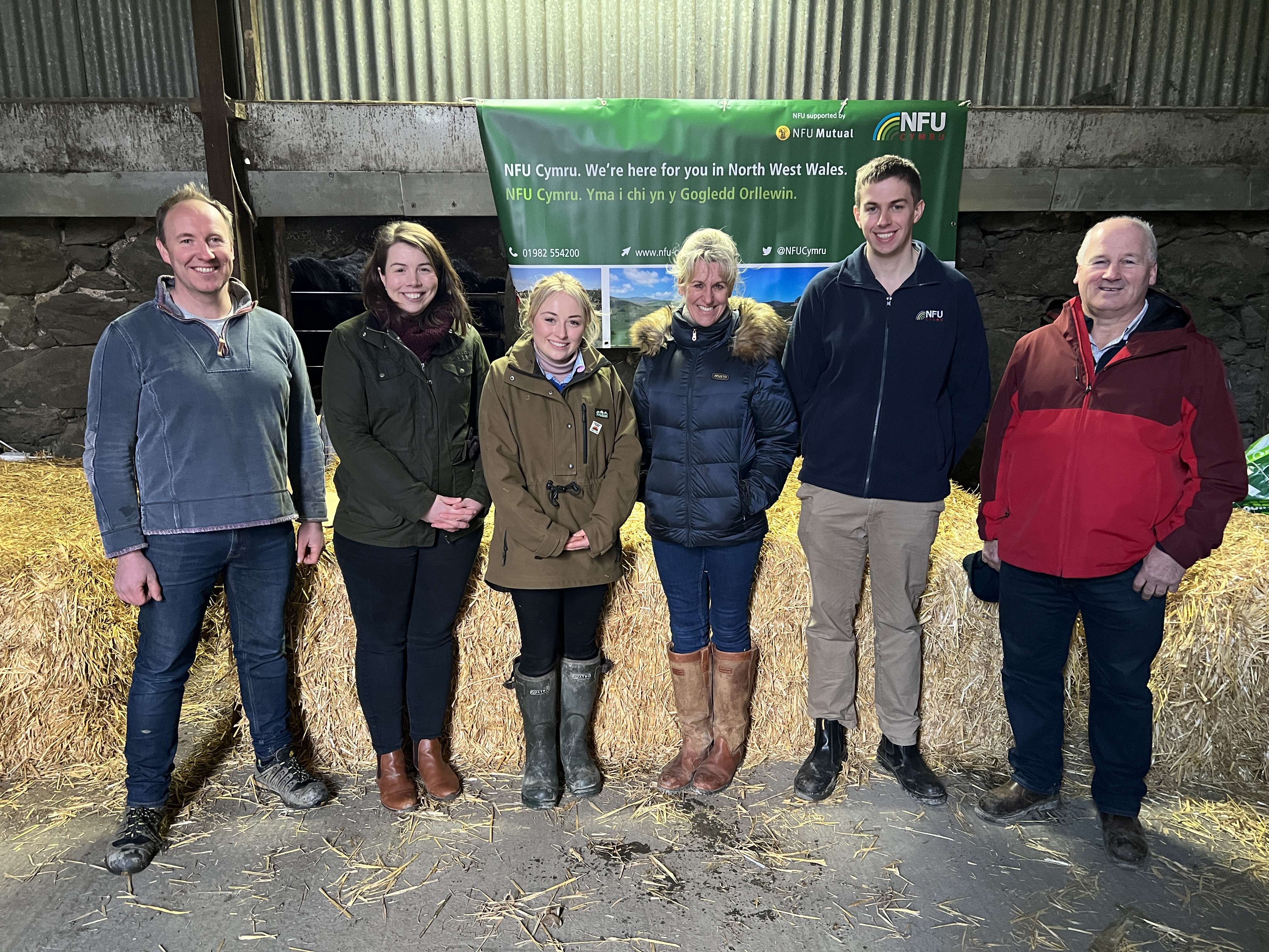 (L-R) NFU Cymru Meirionnydd County Chairman Rhodri Jones; NFU Cymru Next Generation Group member Awel Mai Hughes; NFU Student & Young Farmer Ambassador Erin Fflur McNaught; NFU President Minette Batters; NFU Cymru Next Generation Group member Richard Jones; and NFU Cymru Meirionnydd Vice County Chairman Alun Wyn Evans