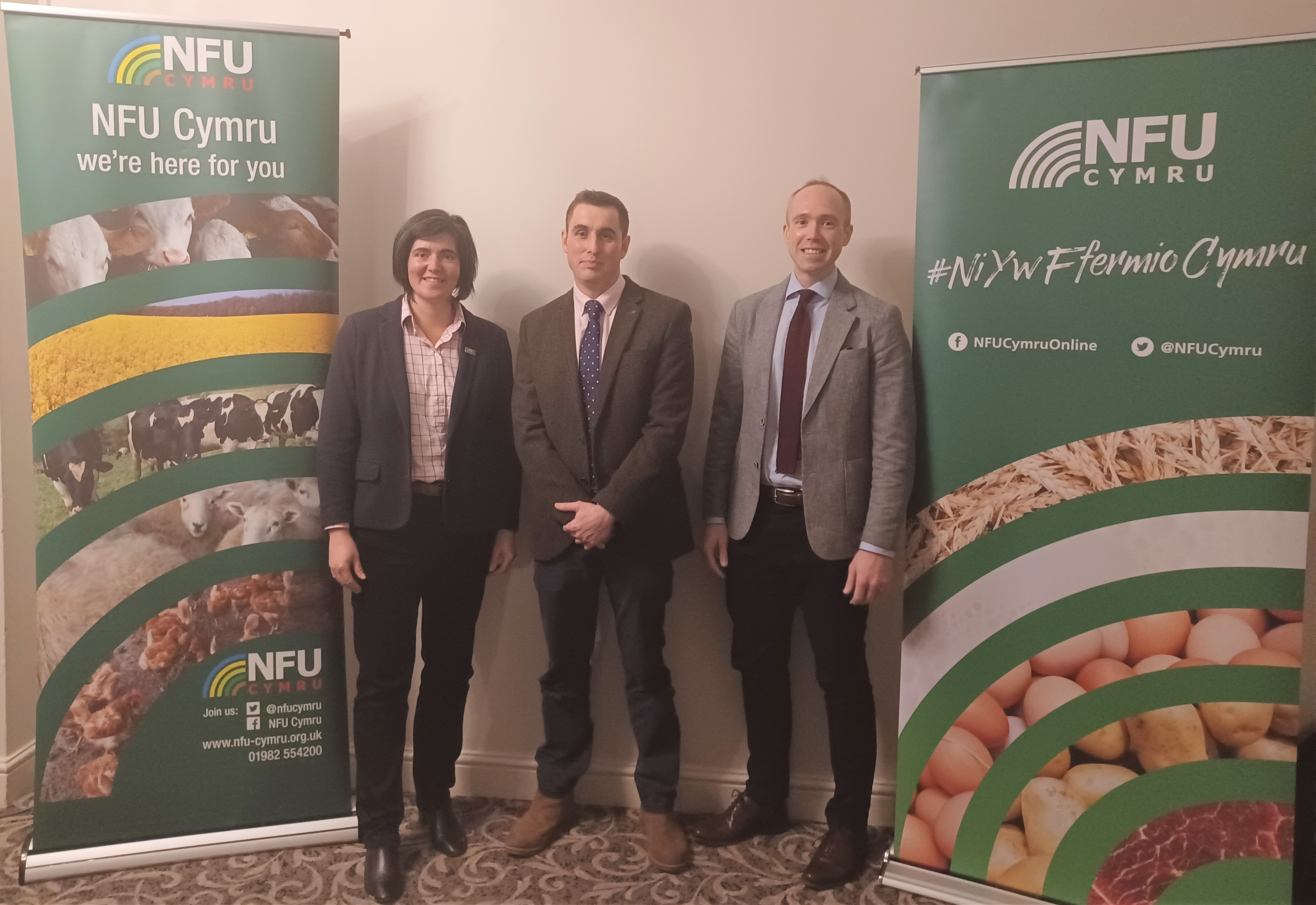 L-R: Abi Reader, NFU Cymru Deputy President. Tom Rees, NFU Cymru Glamorgan County Chair. Aled Rhys Jones Chief Executive of the RWAS, 