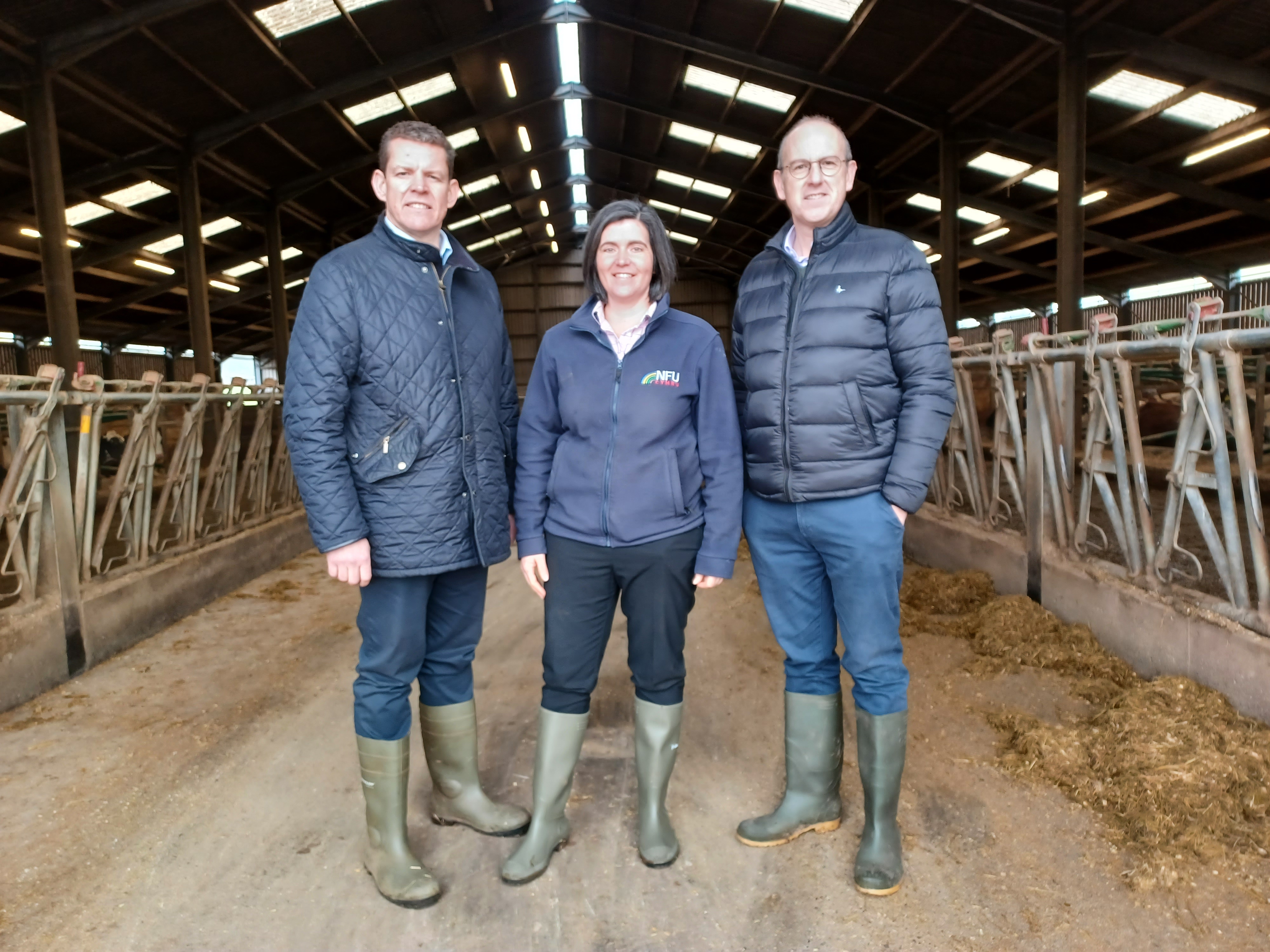 Plaid Cymru leader, Rhun ap Iorwerth MS; NFU Cymru Deputy President, Abi Reader; and Llyr Gruffydd MS, Plaid Cymru’s Rural Affairs Spokesperson