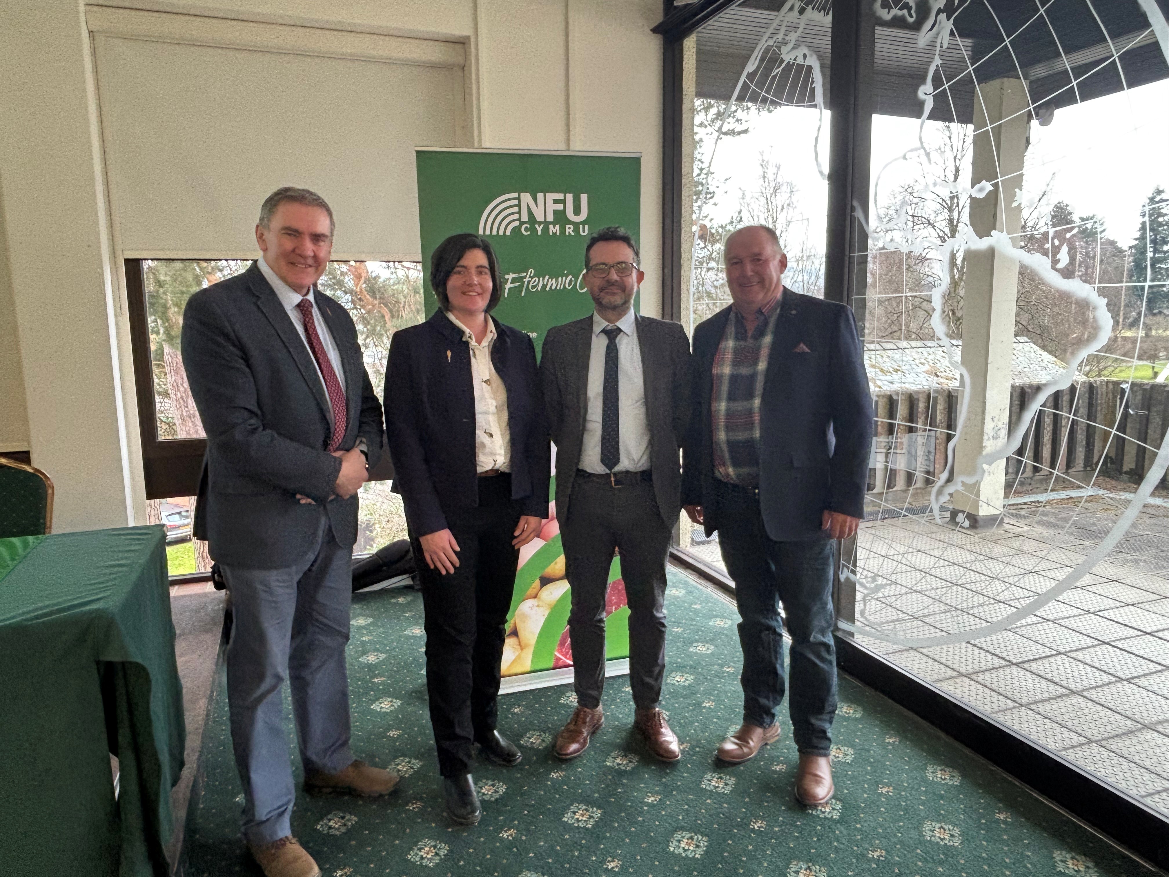 (L-R) NFU Cymru President Aled Jones; NFU Cymru Deputy President Abi Reader; Director of Rural Affairs for Welsh Government Gian Marco Currado; and NFU Cymru Brecon & Radnor County Chairman Rob Powell